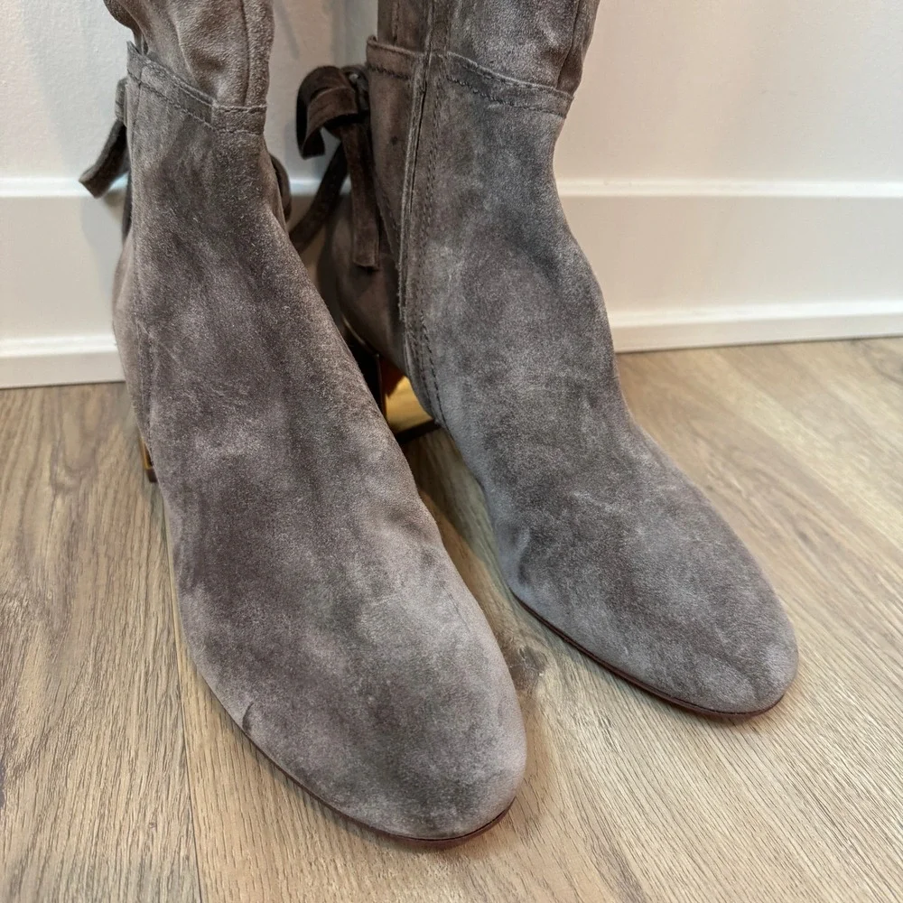 Tory Burch Laila Suede Over-The-Knee Boots Gray Suede Designer Logo Bows 8.5 EUC